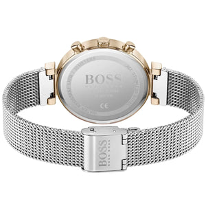 Perspective view of the silver sunray dial and crystal markers of Hugo Boss watch