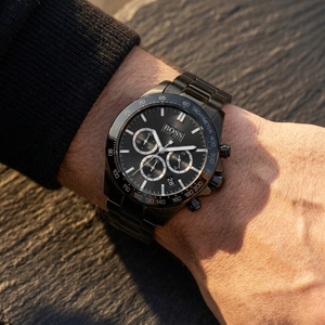 Close up of Hugo Boss Ikon 1512961 on wrist showing black dial and black metal link strap with 100m water resistance