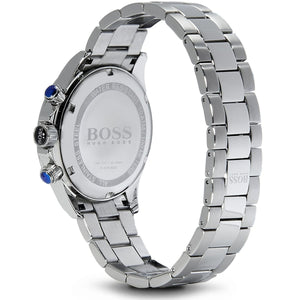 Caseback of Hugo Boss Ikon 1512963 men's quartz battery watch showing technical specs 100m water resistance and metal strap