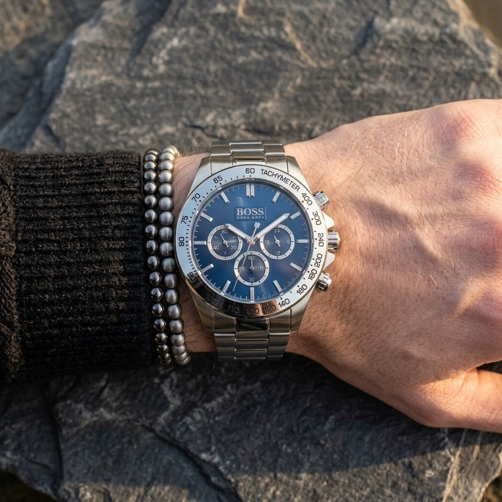 Close up of Hugo Boss Ikon 1512963 men's quartz battery watch on wrist showing blue dial and luxury silver markers