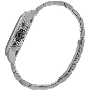Close-up of a silver watch with a detailed band on a white background