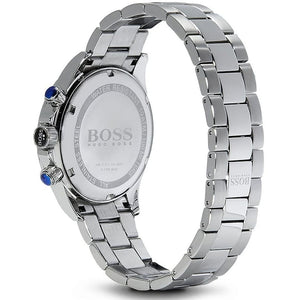 Caseback of Hugo Boss Ikon 1512965 showing technical specs black dial and silver metal strap 100m water resistance
