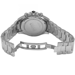 Silver metal deployment clasp on Hugo Boss Ikon 1512965 black dial watch water resistant 100m