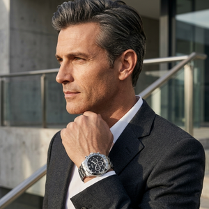 Professional man wearing Hugo Boss Ikon 1512965 with black dial and silver metal strap water resistant 100m