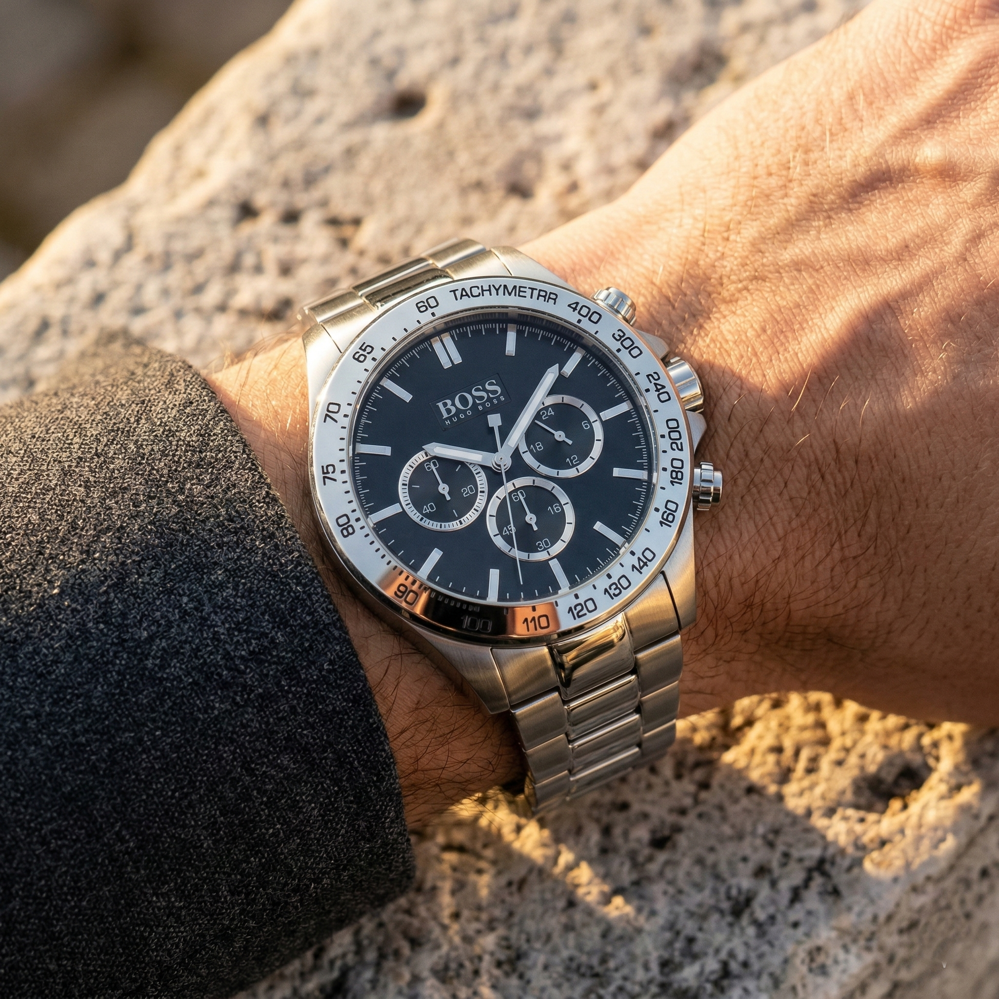 Close up of Hugo Boss Ikon 1512965 on wrist showing black dial and silver metal strap with 100m water resistance