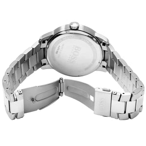 Silver metal deployment clasp on Hugo Boss Ambassador 1513025 black dial watch water resistant 30m
