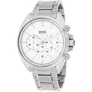 Left angled view of Hugo Boss Driver 1513039 showing silver sunray dial detail and silver link bracelet water resistant 30m