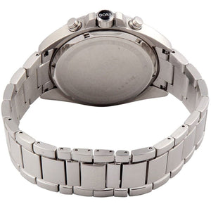 Caseback of Hugo Boss Driver 1513039 showing technical specs silver dial and silver metal strap 30m water resistance