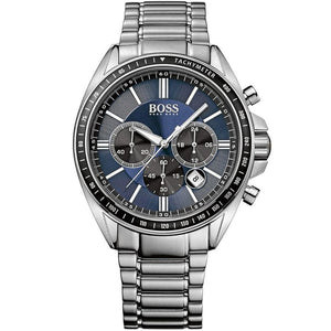 Front view of Hugo Boss Driver 1513081 men's watch with blue dial and silver stainless steel bracelet.