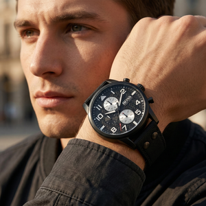 Professional man wearing Hugo Boss Aeroliner Maxx 1513086 with black woven dial and matte black case synthetic fiber strap water resistant 50m