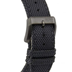 Matte black stainless steel buckle on Hugo Boss Aeroliner Maxx 1513086 black synthetic fiber strap watch water resistant 50m