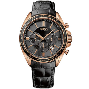 Front view of Hugo Boss Driver 1513092 men's watch with black dial, rose gold case and black leather strap.