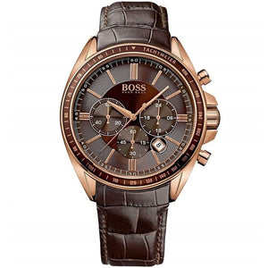Hugo Boss Driver Runner 1513093 men's watch with brown dial, brown leather strap, and 50m water resistance main view