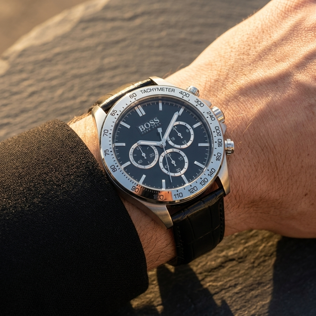 Close up of Hugo Boss Ikon 1513178 on wrist showing black dial and black bezel with black leather strap 100m water resistance