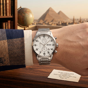 Close up shot of Boss Aeroliner 1513182 on wrist showing the sleek silver case and crisp white dial from Luxury Hub Store