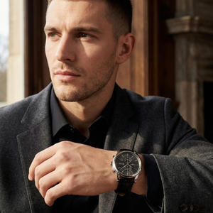 Professional man wearing Hugo Boss Jet 1513279 with black dial and silver case leather strap water resistant 50m