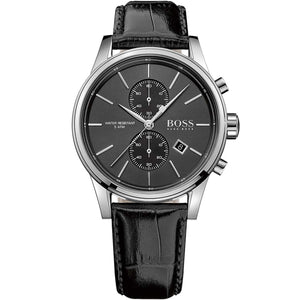 Hugo Boss Jet 1513279 men's watch with black sunray dial, silver stainless steel case, black leather strap, and 50m water resistance main view