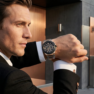 Professional man wearing Hugo Boss Supernova 1513358 with black dial and silver rose gold metal strap water resistant 50m