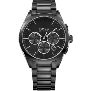Hugo Boss Onyx 1513365 men's watch featuring a black ion-plated stainless steel case, black chronograph dial, and black link bracelet