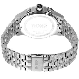 Caseback of Hugo Boss Jet 1513383 showing technical specs black dial and silver metal strap 50m water resistance