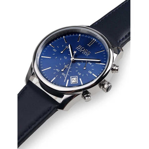Right angled view of Hugo Boss Runner 1513431 highlighting blue dial and silver case 50m water resistance