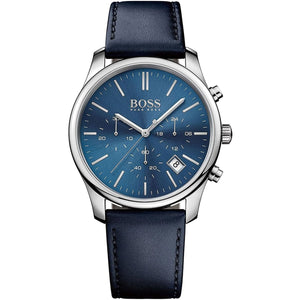 Hugo Boss Runner 1513431 men's watch with blue dial, blue leather strap, and 50m water resistance main view