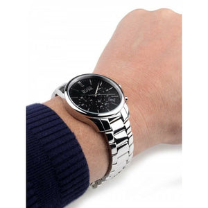 Close up shot of Hugo Boss Hero 1513433 watch on wrist showing the classic black dial and silver hands
