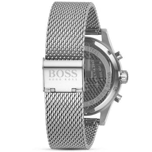 Real-life photo of the branded black PVD deployment clasp on the Boss Jet 1513441 from Luxury Hub Store.
