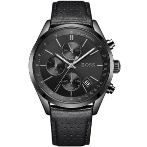 Hugo Boss Grand Prix 1513474 men's watch with black dial, black perforated leather strap, and 50m water resistance main view