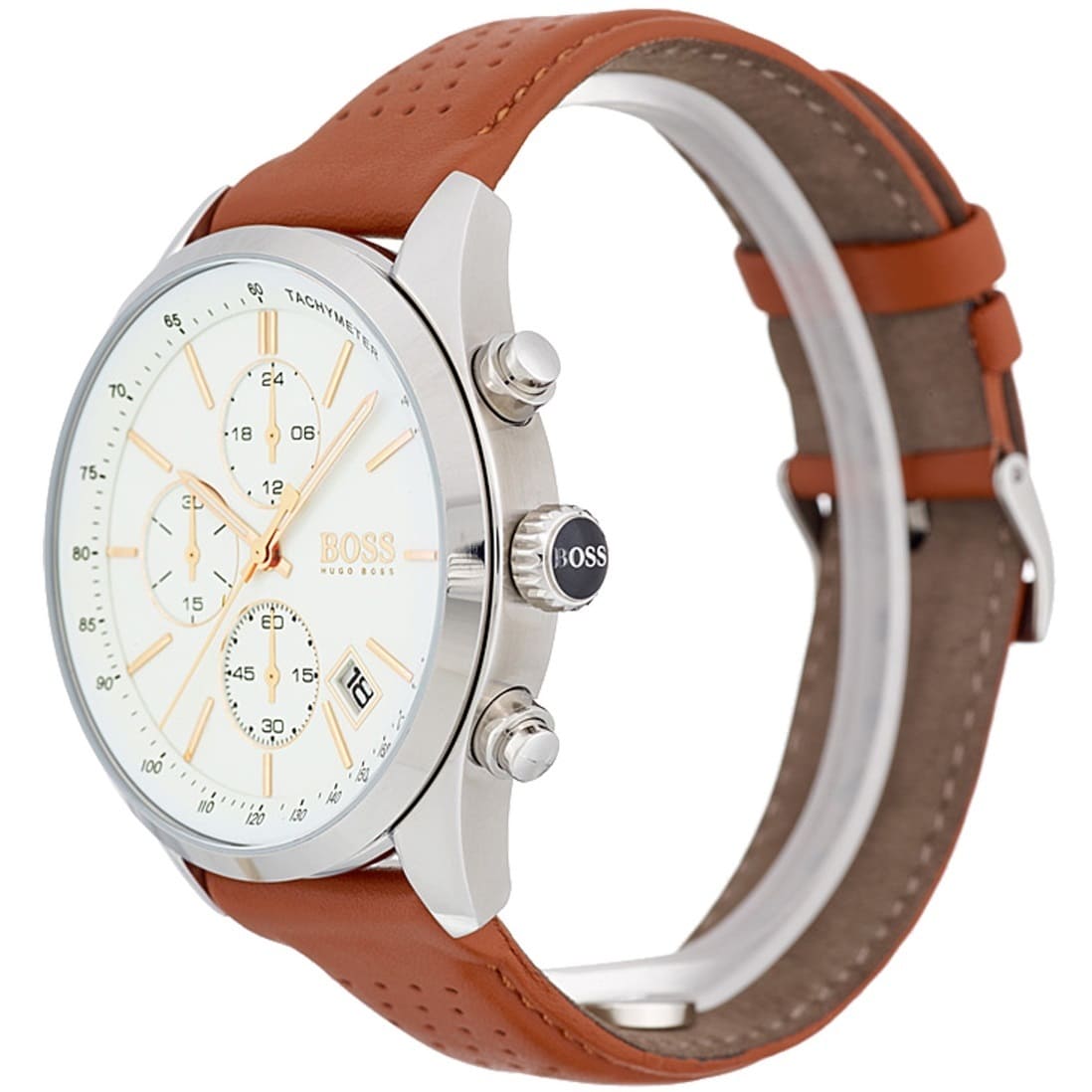 Right angled view of Hugo Boss Grand Prix 1513475 highlighting white dial and silver tachymeter bezel 30m water resistance