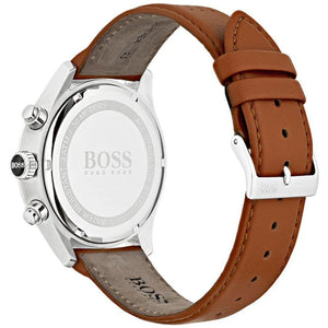 Caseback of Hugo Boss Grand Prix 1513475 showing technical specs white dial and leather strap 30m water resistance