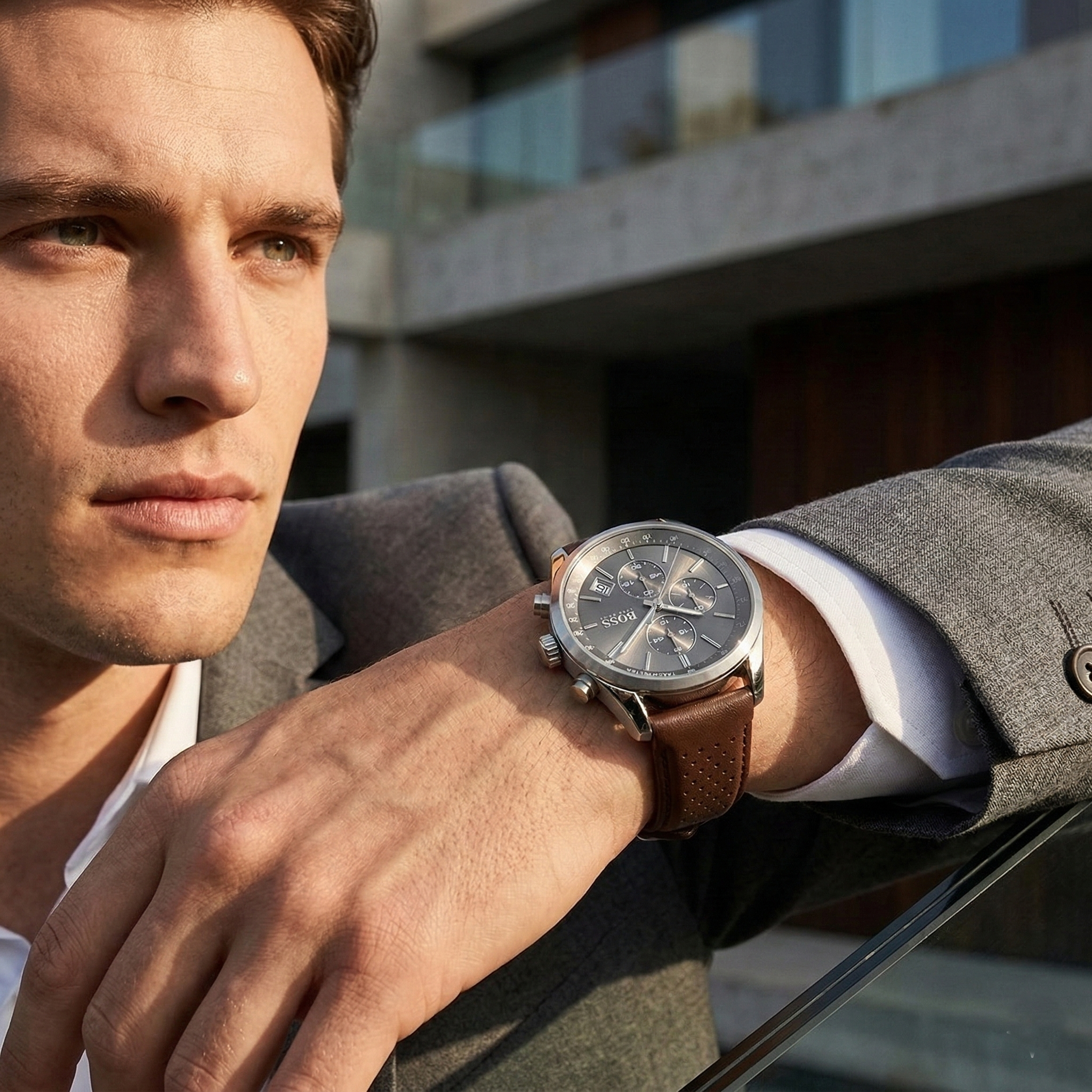 Professional man wearing Hugo Boss Grand Prix 1513476 with gray dial and silver case leather strap water resistant 30m