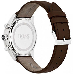 Caseback of Hugo Boss Grand Prix 1513476 showing technical specs gray dial and leather strap 30m water resistance