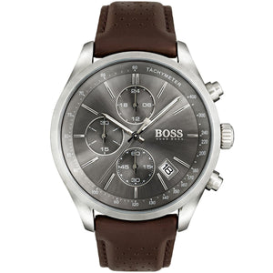 Hugo Boss Grand Prix 1513476 men's watch with gray sunray dial, silver stainless steel case, brown perforated leather strap, and 30m water resistance main view