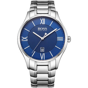 Hugo Boss Governor 1513487 men's watch with blue textured dial, silver metal link strap, and 30m water resistance main view