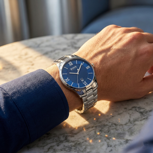 Close up of Hugo Boss Governor 1513487 on wrist showing blue textured dial and silver metal strap with 30m water resistance