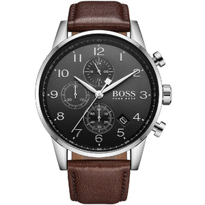 Hugo Boss Navigator 1513494 men's chronograph watch with grey dial and brown leather strap