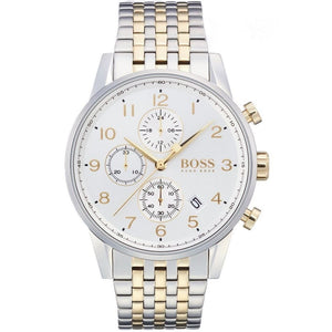 Hugo Boss Navigator Runner 1513499 men's watch with white dial, silver and gold metal strap, and 50m water resistance main view