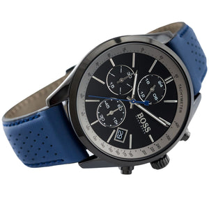 Left angled view of Hugo Boss Grand Prix 1513563 showing black dial detail and blue leather strap water resistant 30m