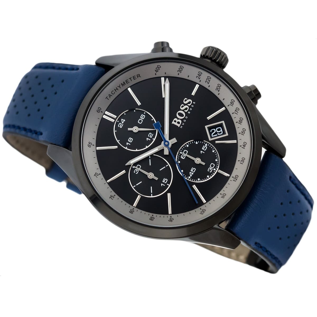 Right angled view of Hugo Boss Grand Prix 1513563 highlighting black dial and black tachymeter bezel 30m water resistance