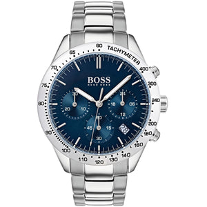 Front view of Hugo Boss Talent 1513582 men's watch with blue dial and silver stainless steel bracelet.