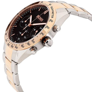 Right angled view of Hugo Boss Talent 1513584 highlighting black dial and copper accents 50m water resistance