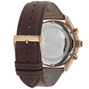 Caseback of Hugo Boss Grand Prix 1513604 showing technical specs blue dial and brown leather strap 30m water resistance