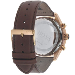Caseback of Hugo Boss Grand Prix 1513605 showing technical specs brown dial and leather strap 30m water resistance