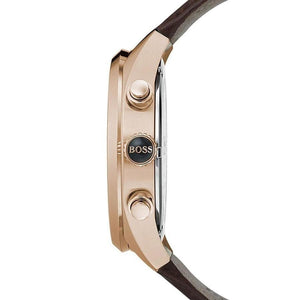 Side profile of Hugo Boss Grand Prix 1513605 showing 11mm thickness and rose gold finish with 30m water resistance
