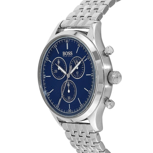 Left angled view of Hugo Boss Companion 1513653 showing blue dial detail and silver link bracelet water resistant 50m