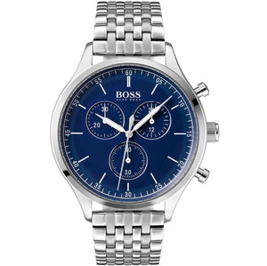 Hugo Boss Companion 1513653 men's watch with blue dial, silver metal link strap, and 50m water resistance main view