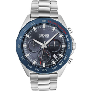 Hugo Boss Intensity 1513665 men's watch with blue dial, blue bezel, silver metal link strap, and 50m water resistance main view