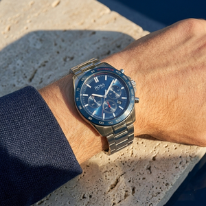 Close up of Hugo Boss Intensity 1513665 on wrist showing blue dial and blue bezel with silver metal strap 50m water resistance