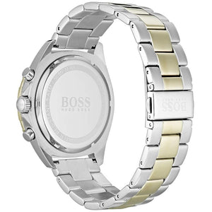 Caseback of Hugo Boss Intensity 1513667 showing technical specs blue dial and two-tone metal strap 50m water resistance